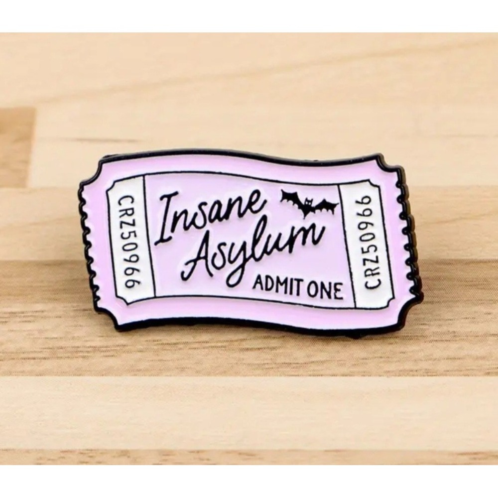 Insane Asylum Admit One Ticket Enamel Pin Purple Bat Spooky Goth Accessory